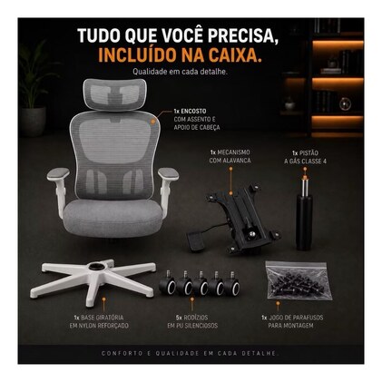 Cadeira de Escritório Suporte Lombar Ergonômico Malha Respirável Mesh Apoio Cabeça Confortavél Art Cadeiras Presidente Premium (Cinza e Branco) — imagem 4