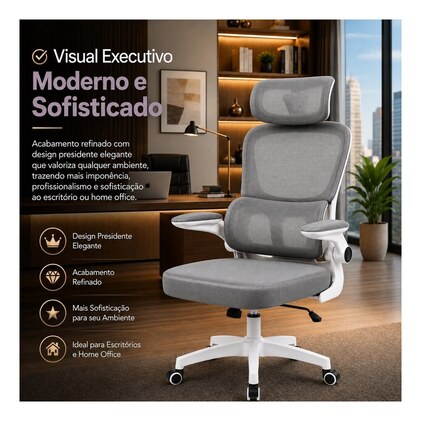 Cadeira de Escritório Suporte Lombar Ergonômico Malha Respirável Mesh Apoio Cabeça Confortavél Art Cadeiras Presidente Premium (Cinza e Branco) — imagem 9