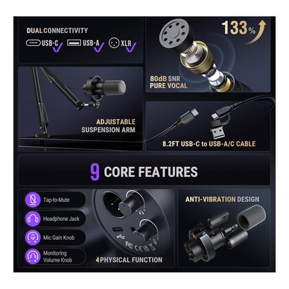 FIFINE K688 Kit de microfone para podcast,mic dinâmico USB/XLR com braço para PC/mixer XLR, microfone para jogos com botão mudo,conector de fone ouvido para vocal,narração,streaming, gravação-K688CT — imagem 3